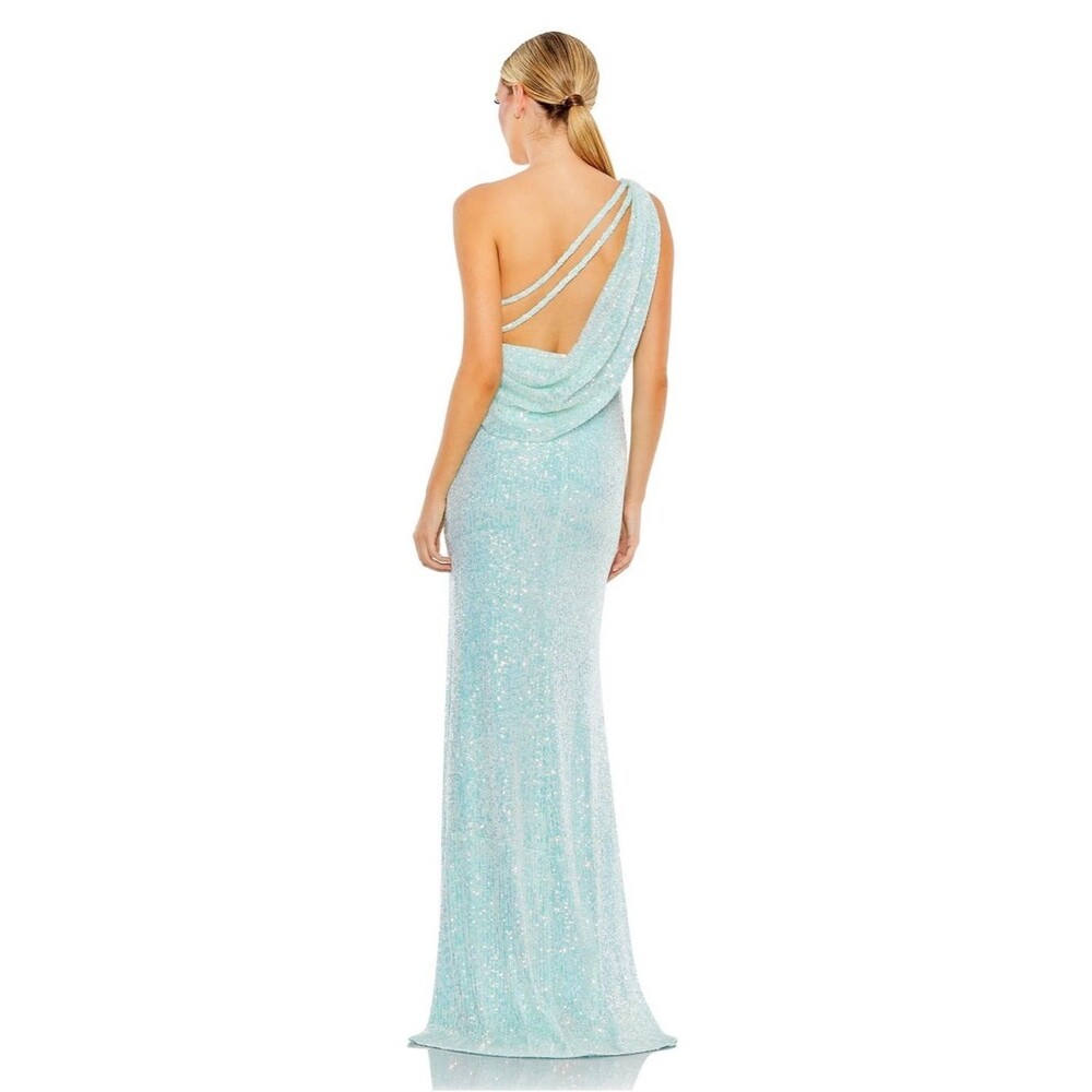 IEENA for Mac Duggal 26990 Sequined Strappy Draped Back Ice Blue Gown Dress Sz 6